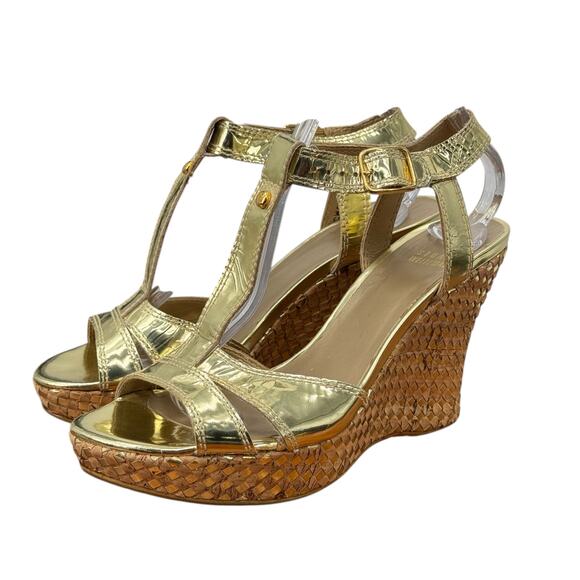 Stuart Weitzman Juty Woven Gold Metallic Wedge Sandal Women 6.5 Resort Luxe Glam - Picture 1 of 9